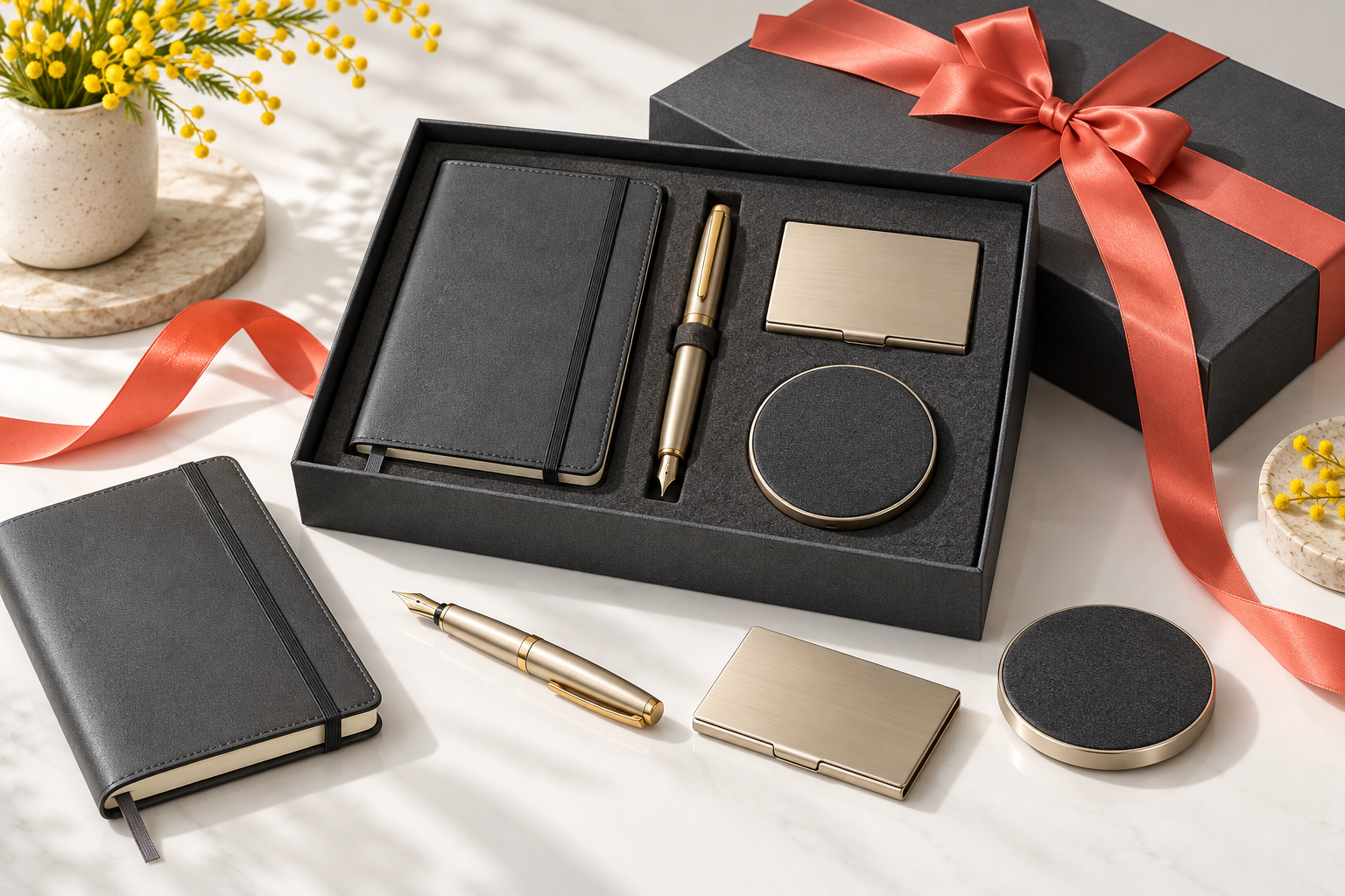 Illustrative executive gift set with leather notebook, pen and desk accessories