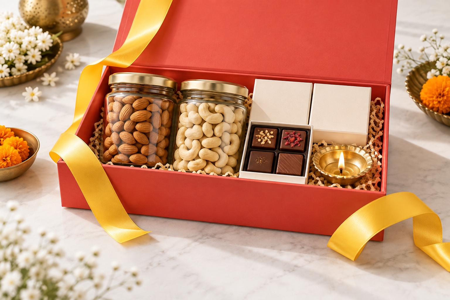 Illustrative festive hamper with nuts, chocolates and a brass diya