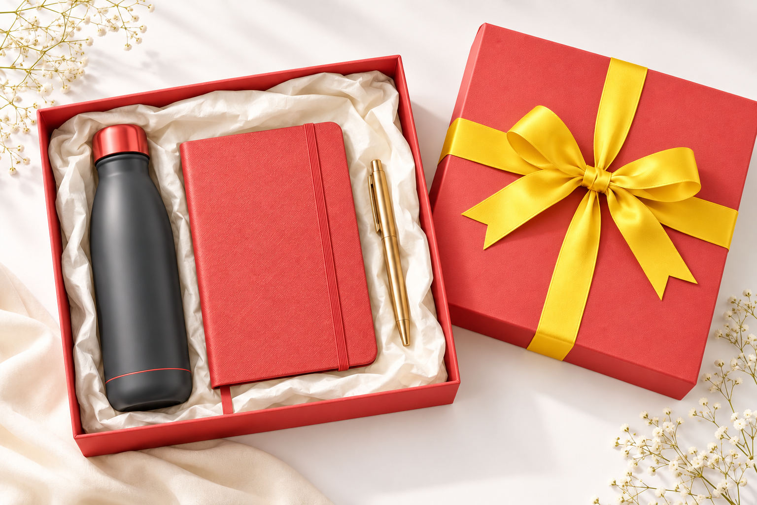 Illustrative premium corporate gift set with coral notebook, insulated bottle and champagne pen