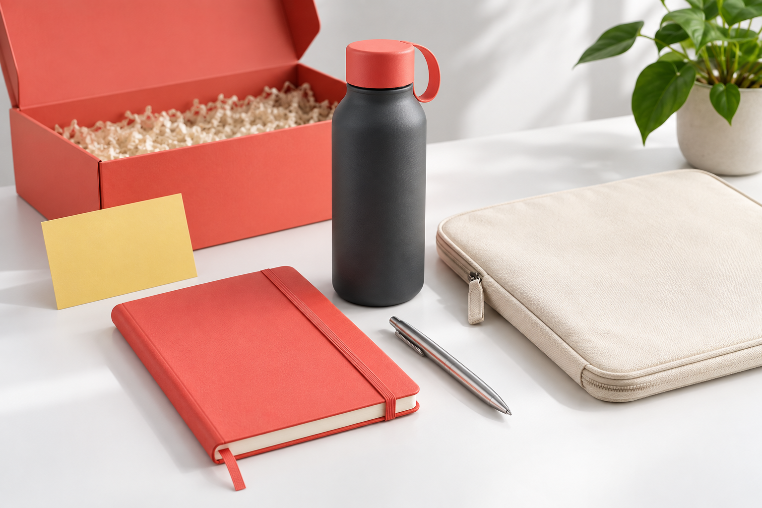Illustrative premium employee welcome kit with bottle, notebook and laptop sleeve
